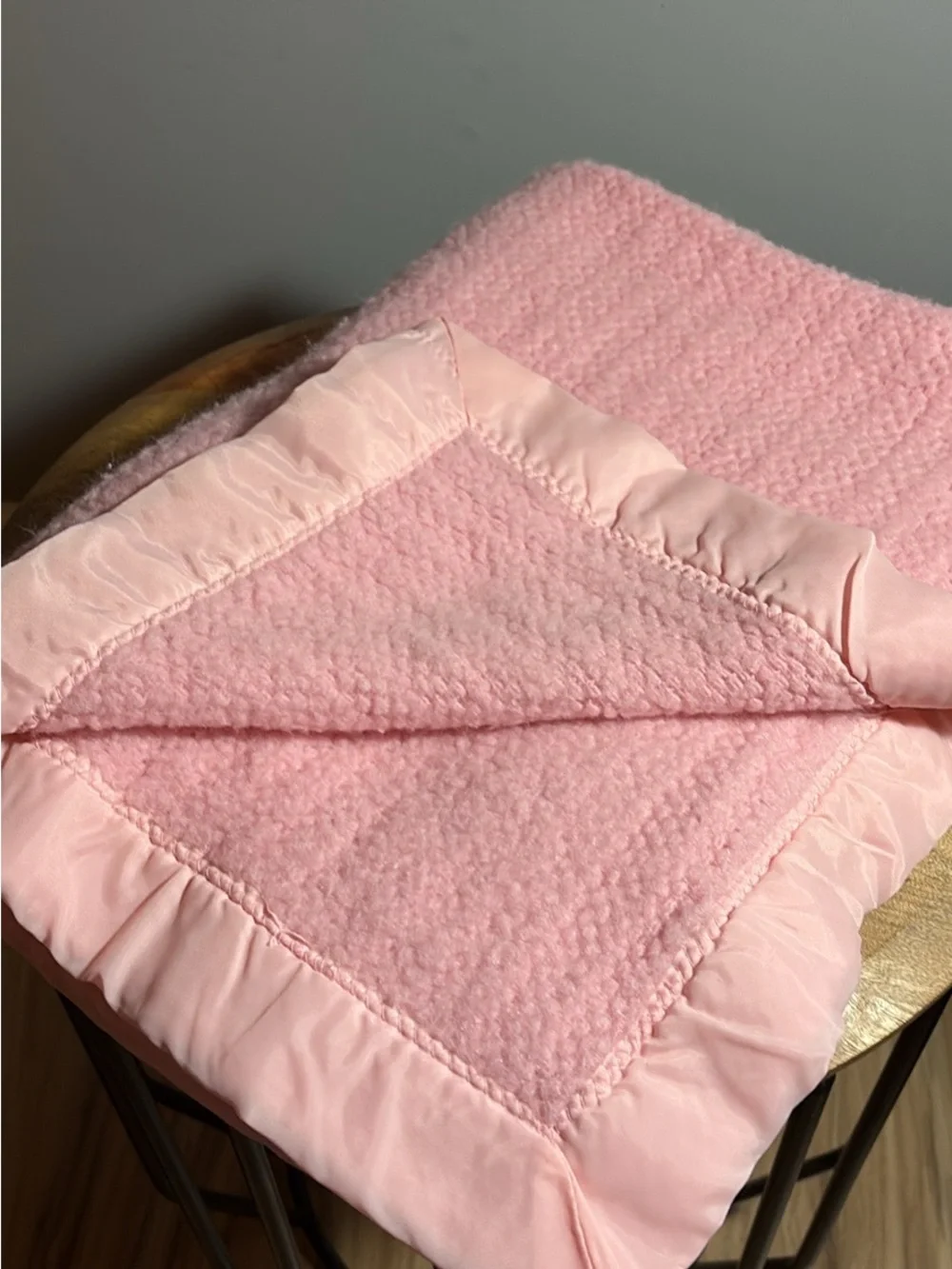 Vintage Soft Pink Plush Baby Blanket with Satin trim